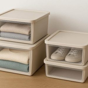 Stackable Closet Storage Boxes with Lids Set of 3 for Clothes and Shoes