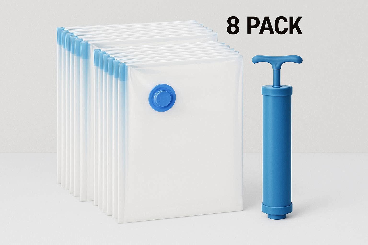Vacuum Seal Storage Bags Pack of 8 with Hand Pump for Space Saving
